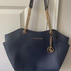 Michael Kors Dark Blue Shoulder Bag with Gold Chain